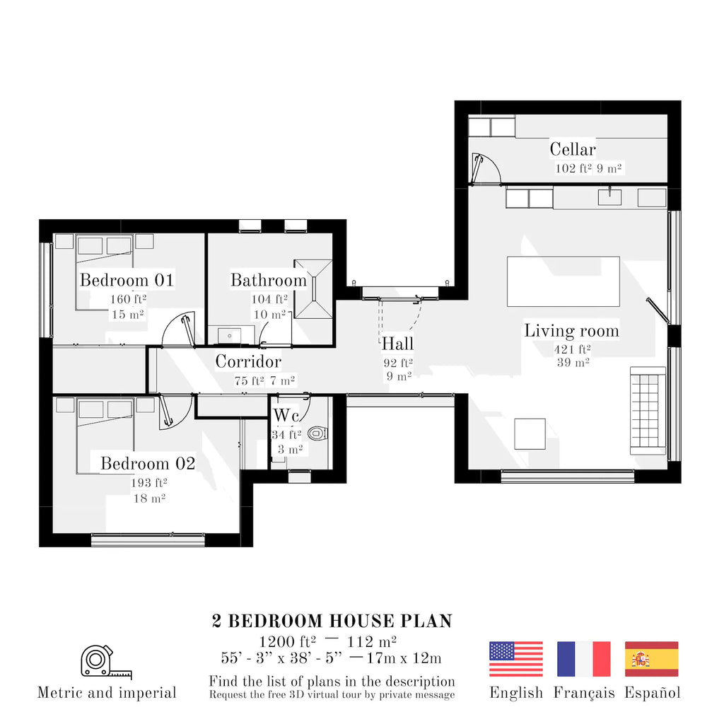 🏡 Modern Villa Floor Plan with Pool – 2-Bedroom Luxury House Design – Tropical Style Home Blueprint (PDF & CAD Files)