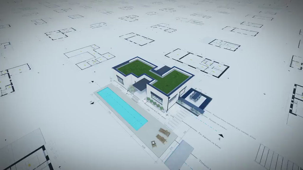 🏡 Modern Villa Floor Plan with Pool – 2-Bedroom Luxury House Design – Tropical Style Home Blueprint (PDF & CAD Files)